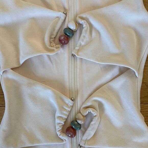 White Fox Mini Dress Cut Out Beaded Lock My Heart Up Size XS Cream - Picture 2 of 4